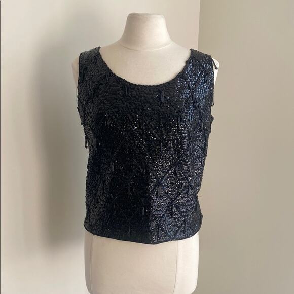 VINTAGE Sequin Tank Womens Sz Large 100% Wool Black Cocktail Holiday - Picture 1 of 7